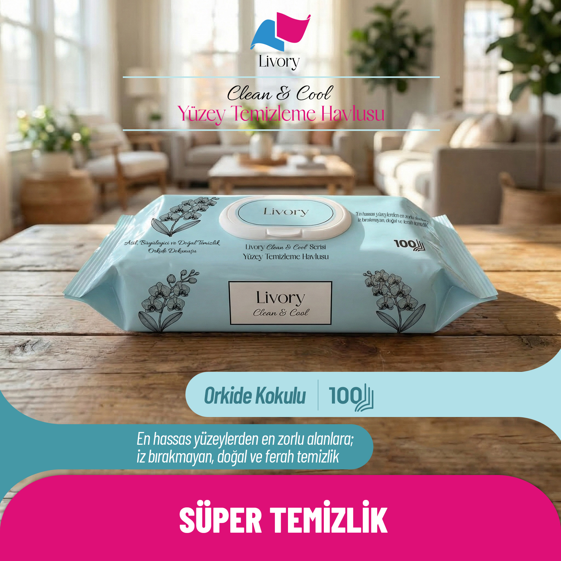 2 Livory Clean & Cool Serisi Yüzey Temizleme Havlusu Orkide Dokunuşu 1x100(100 YAPRAK) - Görsel 1