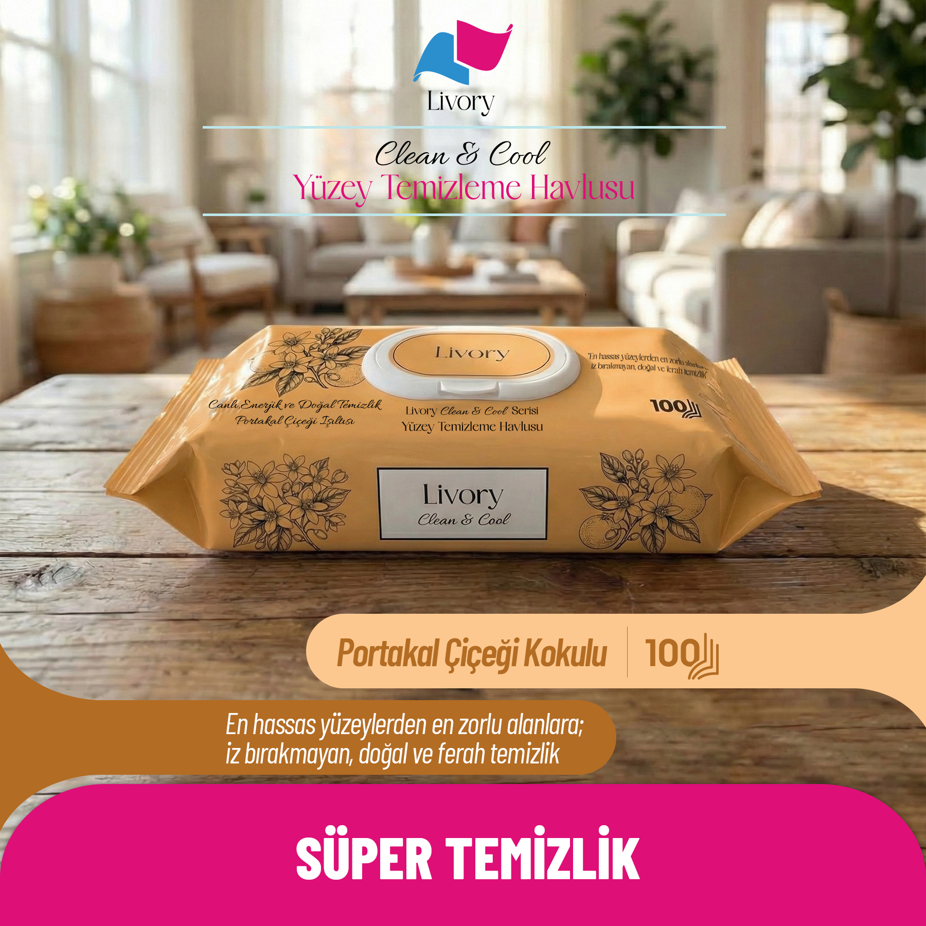 2 Livory Clean & Cool Serisi Yüzey Temizleme Havlusu Portakal Çiçeği Işıltısı 1x100 (100 YAPRAK) - Görsel 1