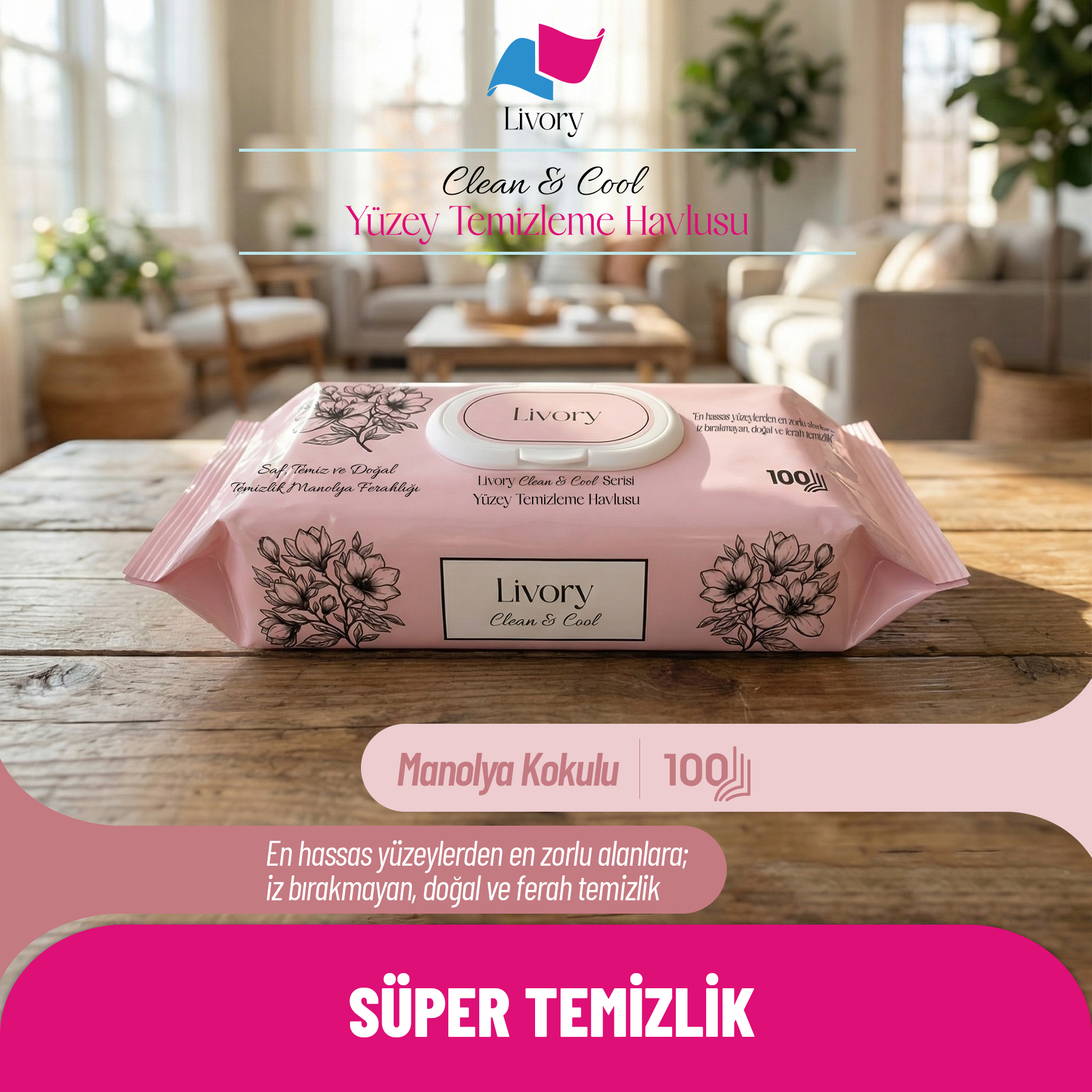 2 Livory Clean & Cool Serisi Yüzey Temizleme Havlusu Manolya Ferahlığı 1x100(100 YAPRAK) - Görsel 1