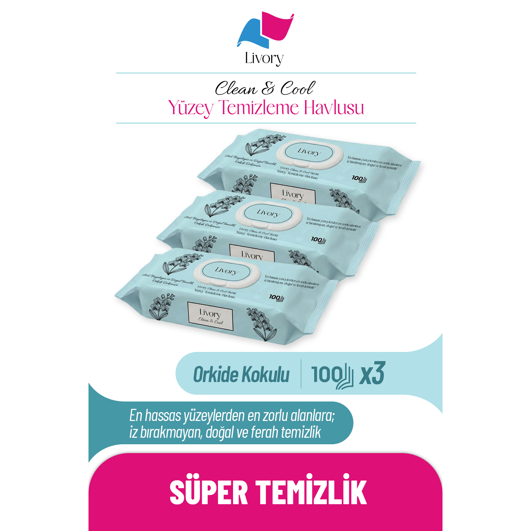 1 Livory Clean & Cool Serisi Yüzey Temizleme Havlusu Orkide Dokunuşu 3x100 (300 YAPRAK) - Görsel 1