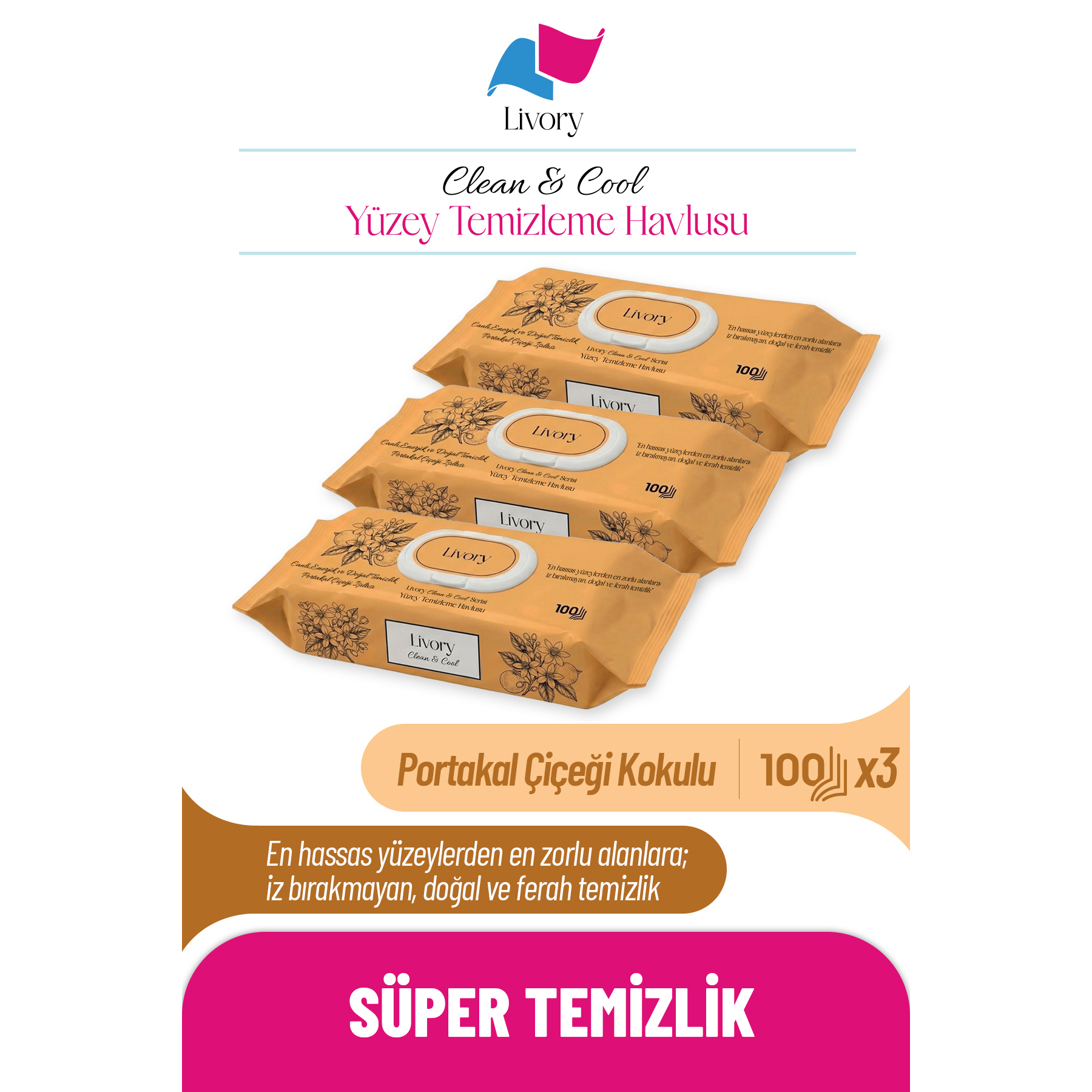 1 Livory Clean & Cool Serisi Yüzey Temizleme Havlusu Portakal Çiçeği Işıltısı 3x100(300 YAPRAK) - Görsel 1