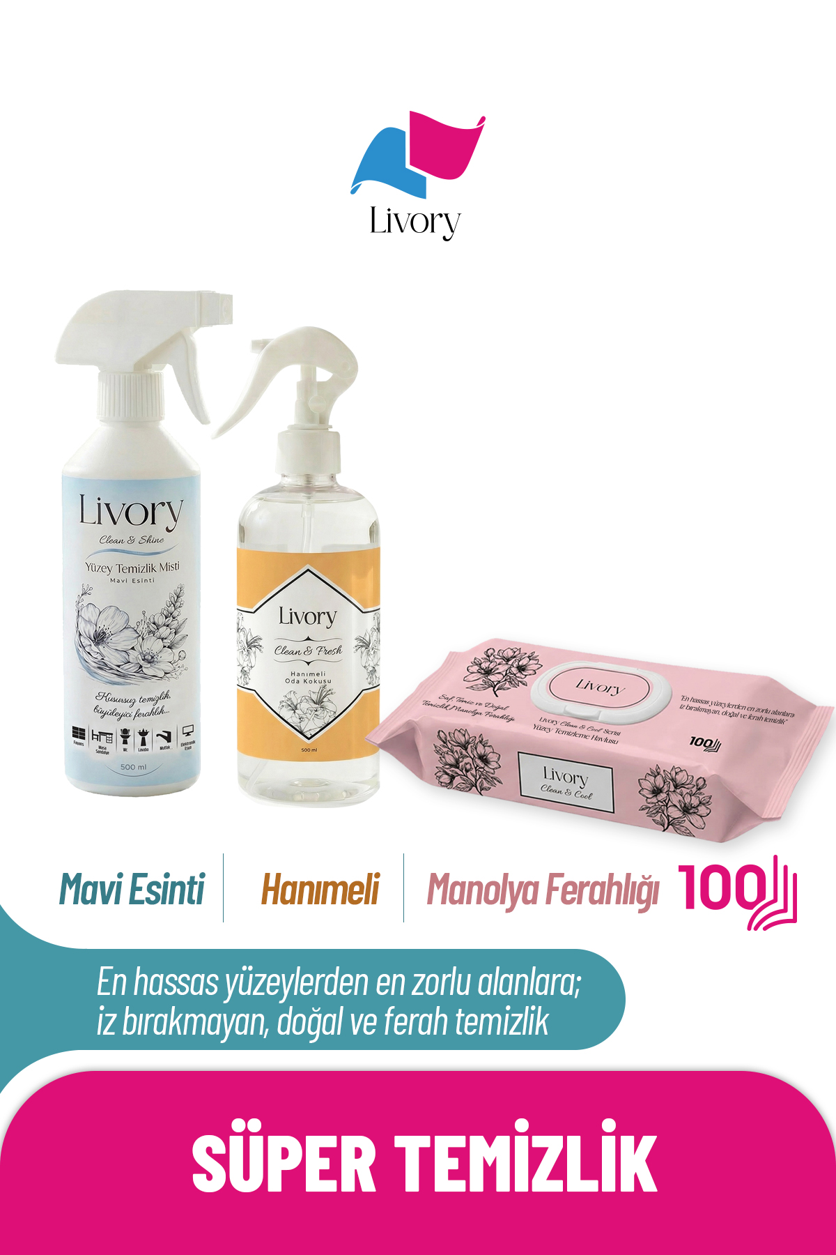 12 Livory Clean & Cool Serisi Yüzey Temizleme Havlusu Manolya Ferahlığı 1x100(100 YAPRAK) | Clean & Fresh Serisi Hanımeli Oda Kokusu 1 Adet | Clean & Shine Serisi Mavi Esinti Yüzey Temizlik Misti 1 Adet - Görsel 1