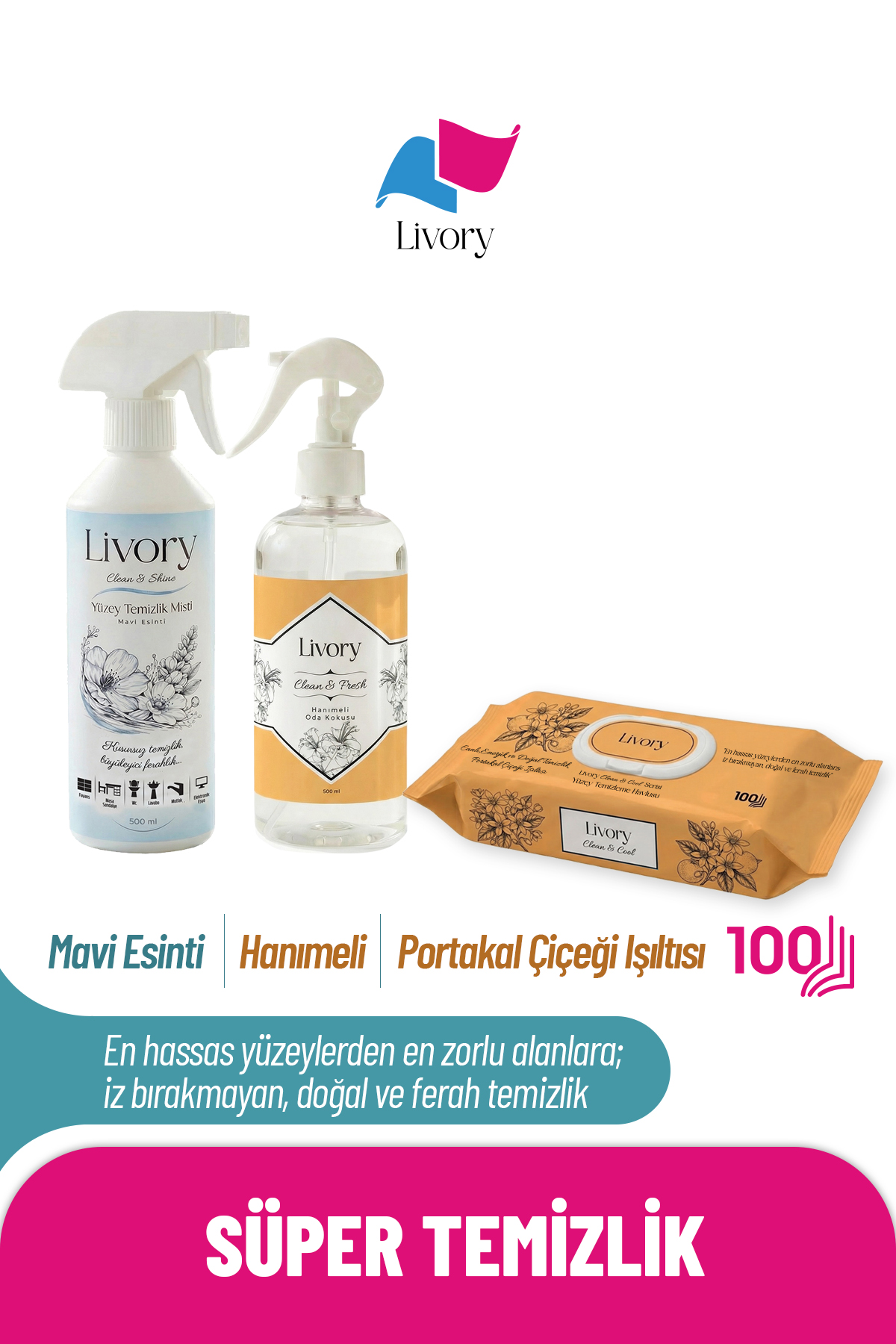 18 Livory Clean & Cool Serisi Yüzey Temizleme Havlusu Portakal Çiçeği Işıltısı 1x100(100 YAPRAK)| Clean & Fresh Serisi Hanımeli Oda Kokusu 1 Adet | Clean & Shine Serisi Mavi Esinti Yüzey Temizlik Misti 1 Adet - Görsel 1