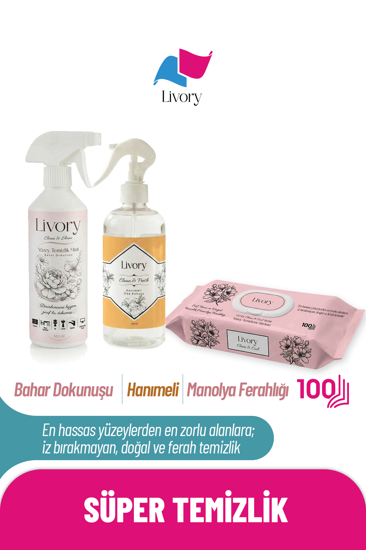 20 Livory Clean & Cool Serisi Yüzey Temizleme Havlusu Manolya Ferahlığı 1x100(100 YAPRAK) | Clean & Fresh Serisi Hanımeli Oda Kokusu 1 Adet | Clean & Shine Serisi Bahar Dokunuşu Yüzey Temizlik Misti 1 Adet - Görsel 1