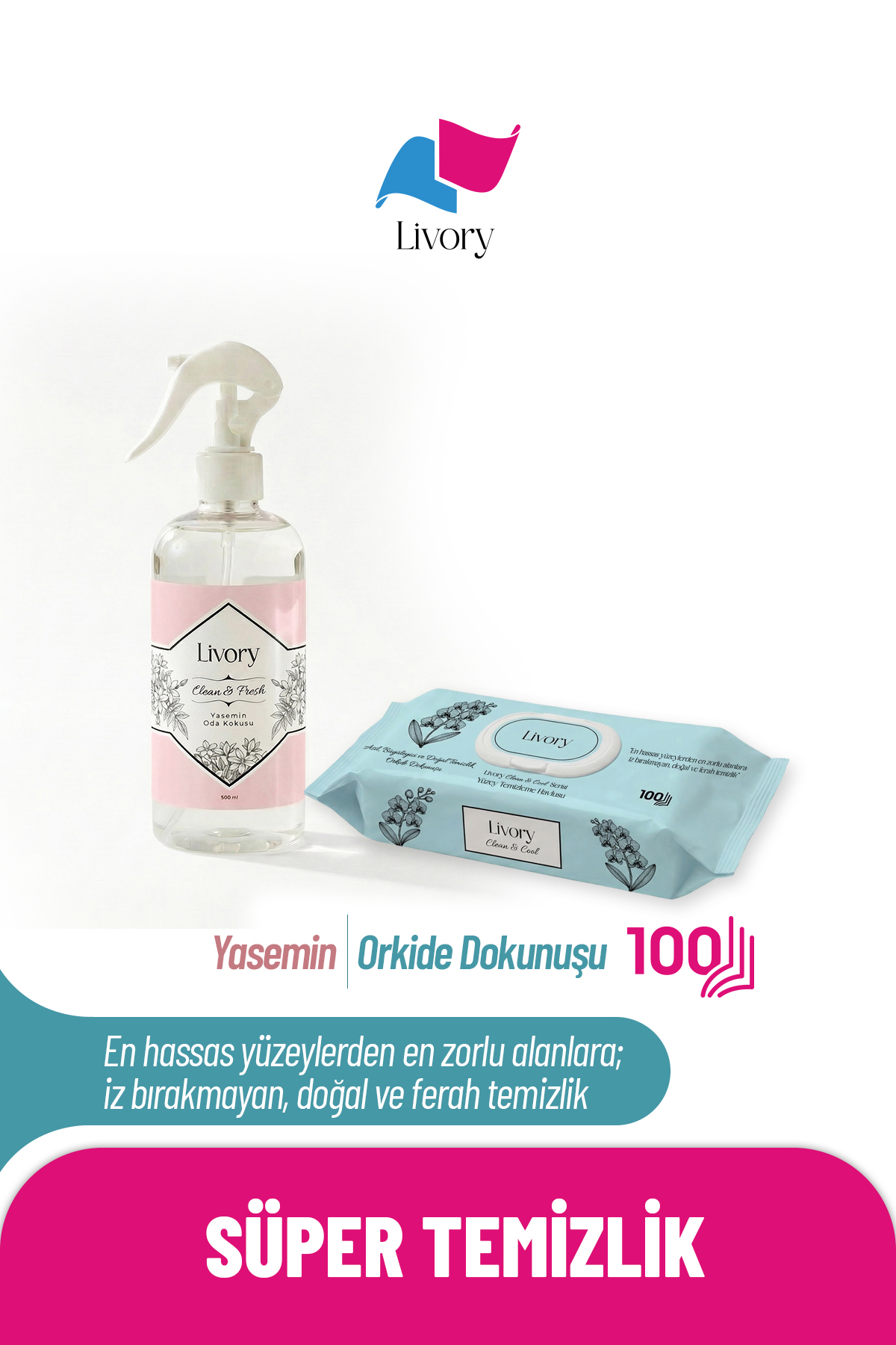 29 Livory Clean & Cool Serisi Yüzey Temizleme Havlusu Orkide Dokunuşu 1x100(100 YAPRAK) | Clean & Fresh Serisi Yasemin Oda Kokusu 1 Adet - Görsel 1