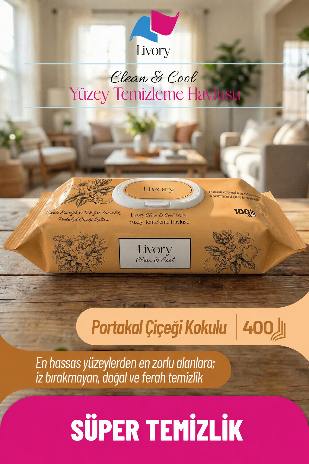 POR1 Livory Clean & Cool Serisi Yüzey Temizleme Havlusu Portakal Çiçeği Işıltısı 4×100 (400 YAPRAK) - Görsel 1