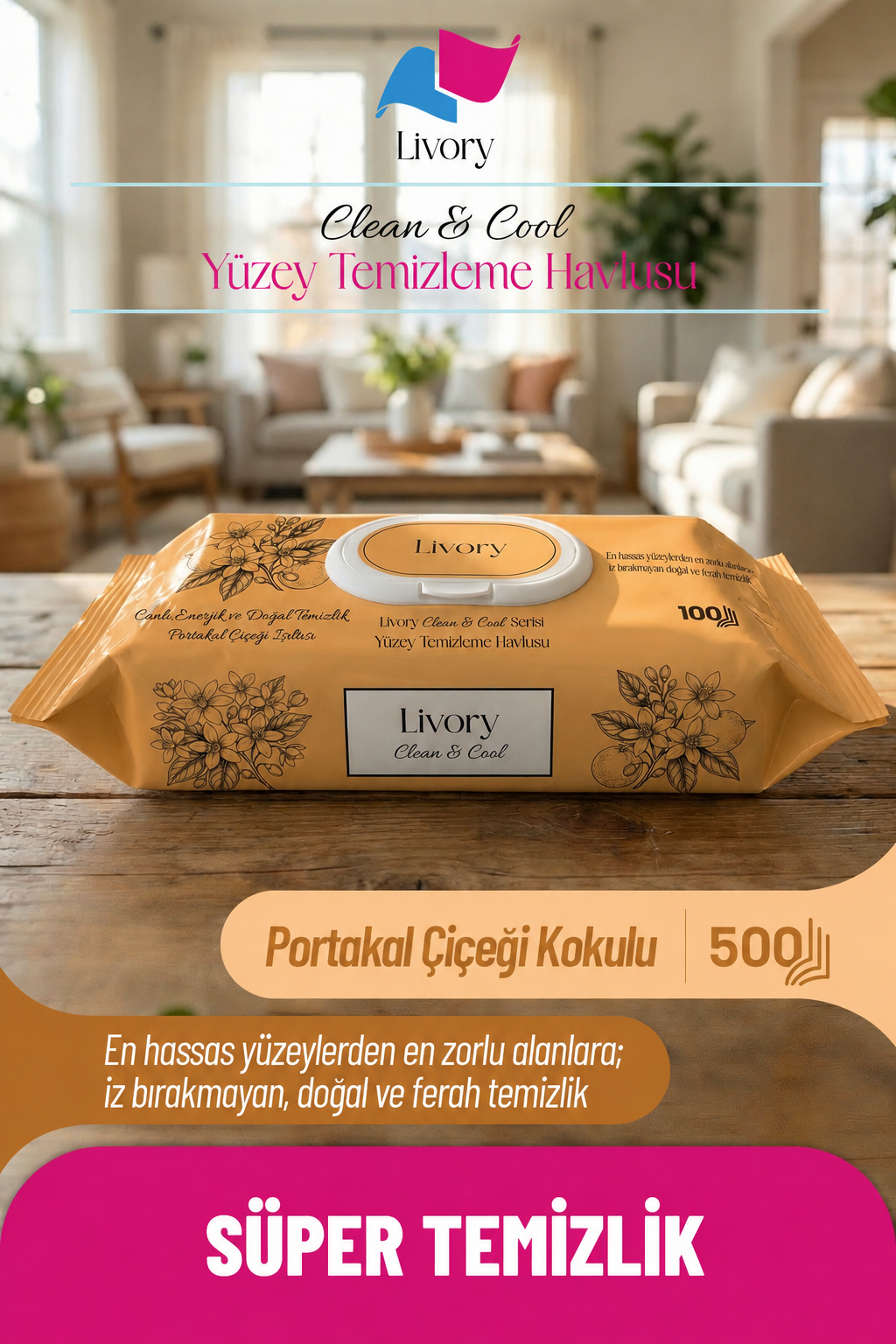 PORTA51 Livory Clean & Cool Serisi Yüzey Temizleme Havlusu Portakal Çiçeği Işıltısı 5×100 (500 YAPRAK) - Görsel 1