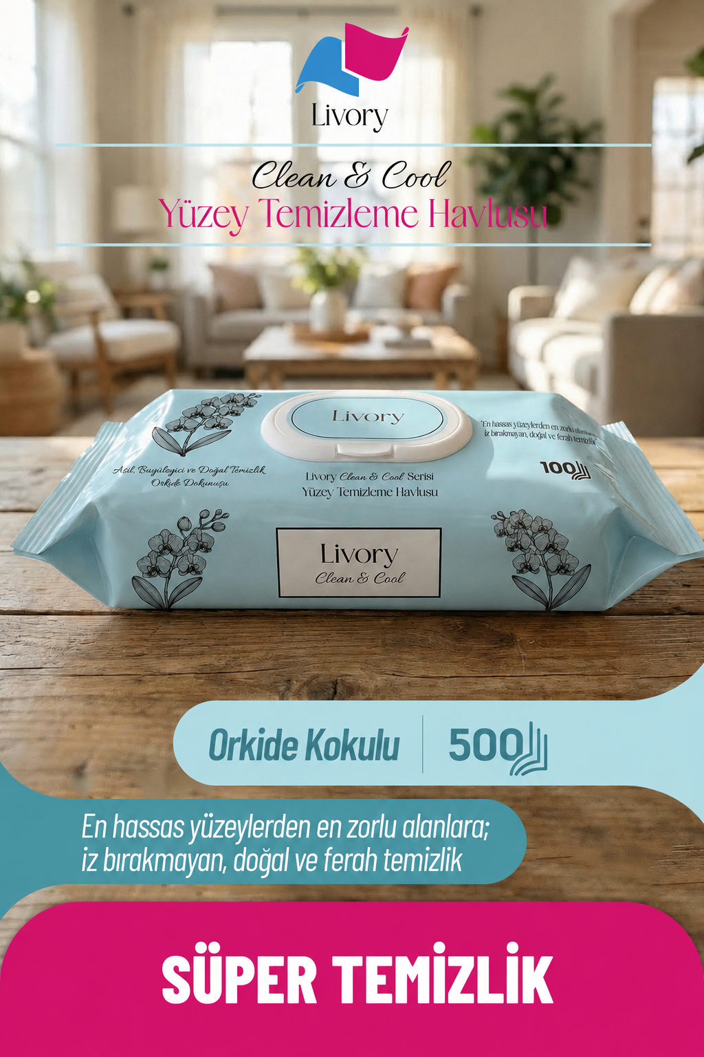 o1 Livory Clean & Cool Serisi Yüzey Temizleme Havlusu Orkide Dokunuşu 5x100 (500 YAPRAK) - Görsel 1
