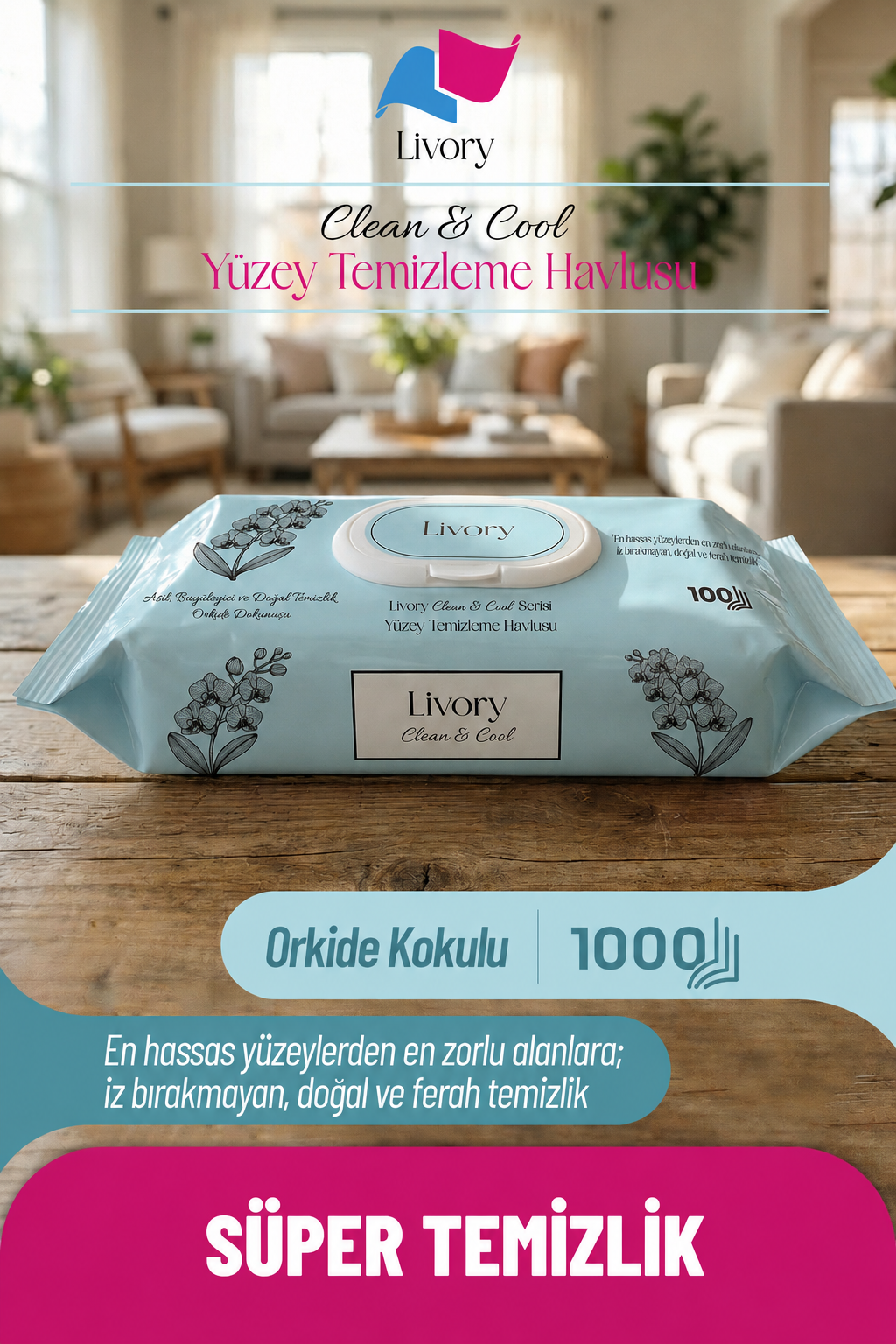 o101 Livory Clean & Cool Serisi Yüzey Temizleme Havlusu Orkide Dokunuşu 10×100 (1000 YAPRAK) - Görsel 1