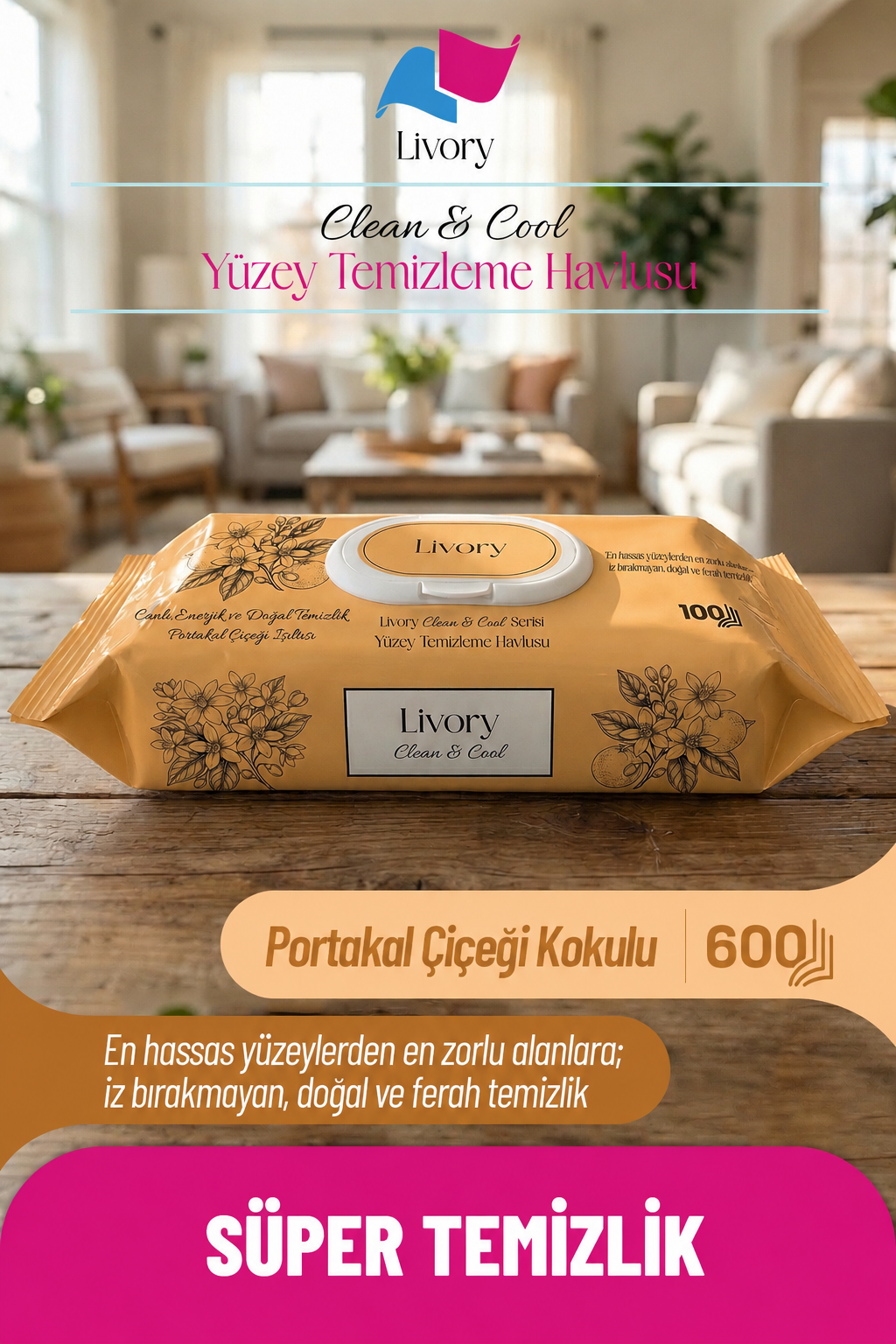po61 Livory Clean & Cool Serisi Yüzey Temizleme Havlusu Portakal Çiçeği Işıltısı 6×100 (600 YAPRAK) - Görsel 1